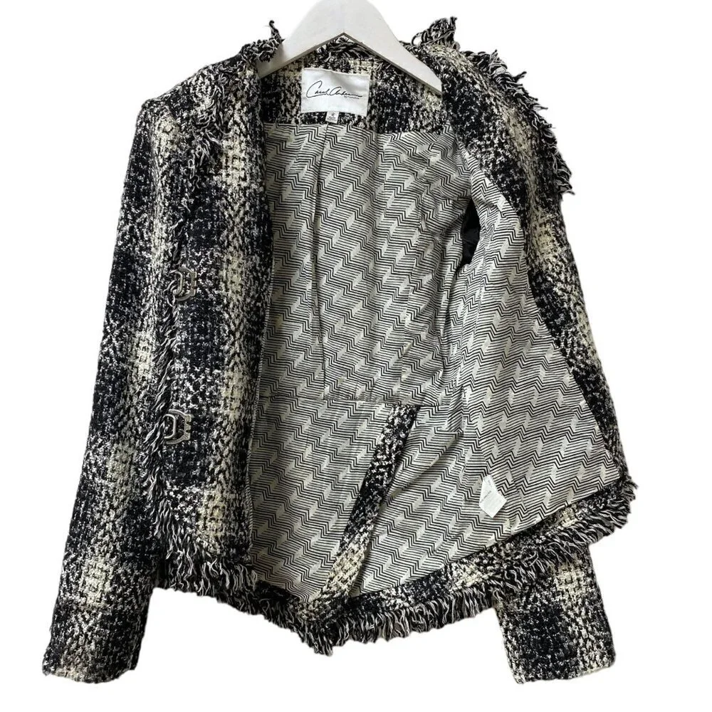 CAROL ANDERSON Tweed Fringe Blazer Size 2 Luxury Jacket Black Cream